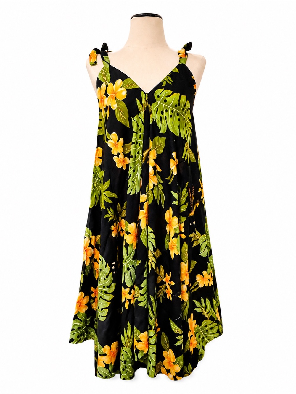 Island Sense Hawaiian Tropical Rayon Sundress Black Floral Midi Dress S/M NeW